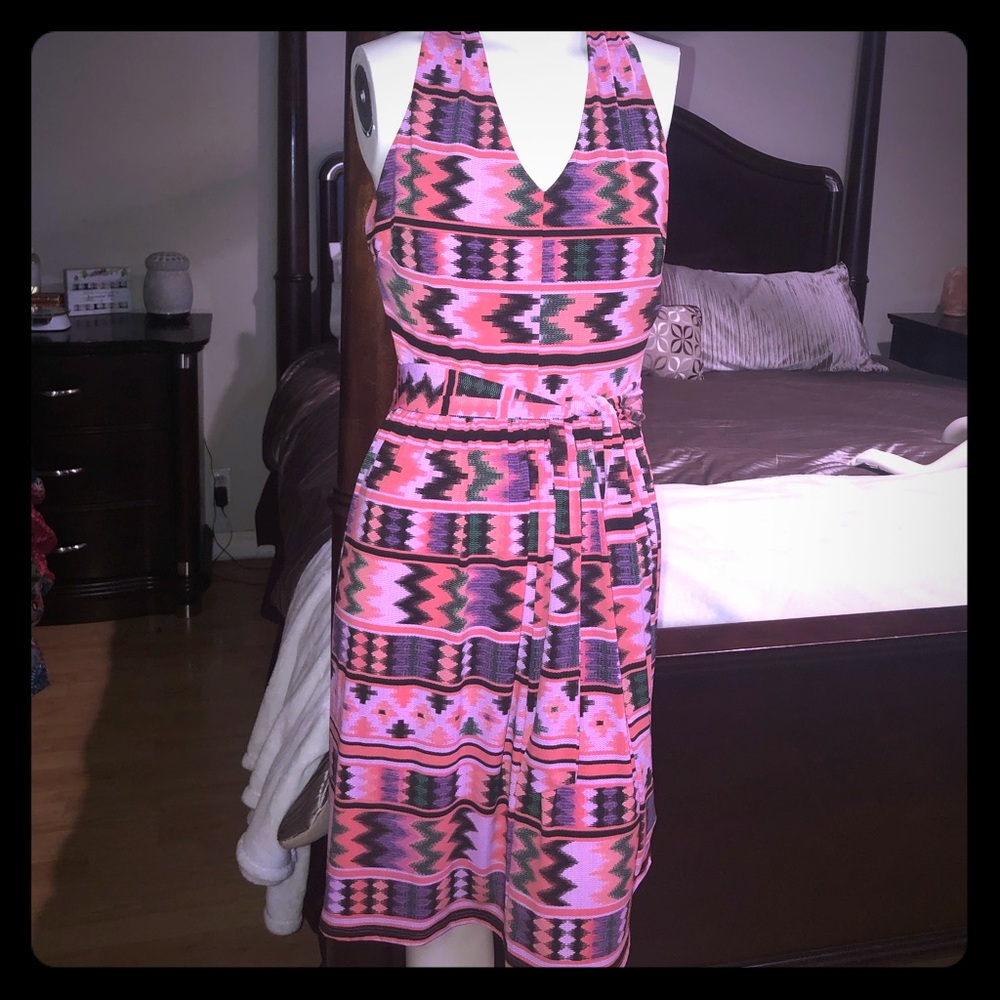 Sharagano sleeveless colorful Aztec print dress
